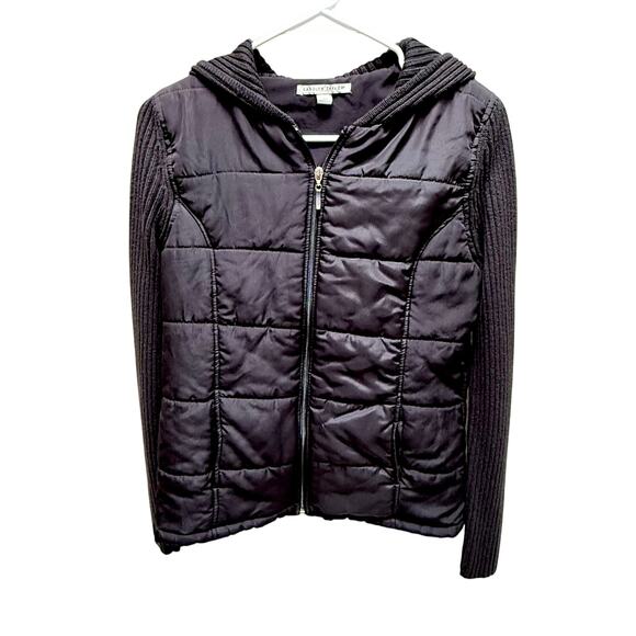 Carolyn Taylor Black Puffer Jacket w/Knit Sleeves Hooded Womens Small - Picture 1 of 12